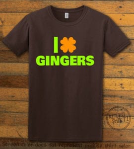 This is the main graphic design on a brown shirt for the St Patricks Day Shirts: I Love Gingers