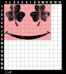 These are the graphic design dimensions for the St Patricks Day Shirts: Shamrock Smiley Face