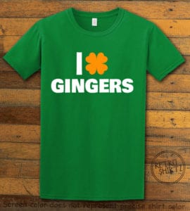 This is the main graphic design on a green shirt for the St Patricks Day Shirts: I Love Gingers