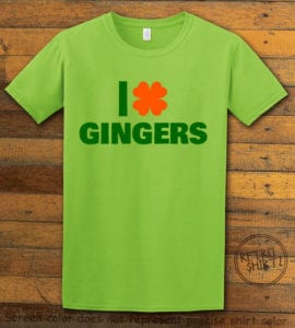 This is the main graphic design on a lime shirt for the St Patricks Day Shirts: I Love Gingers