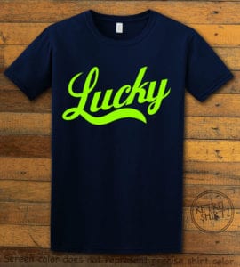 This is the main graphic design on a navy shirt for the St Patricks Day Shirts: Lucky