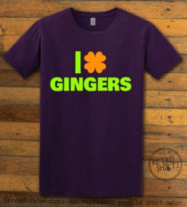 This is the main graphic design on a purple shirt for the St Patricks Day Shirts: I Love Gingers