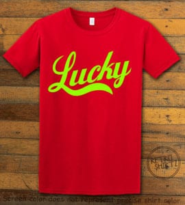 This is the main graphic design on a red shirt for the St Patricks Day Shirts: Lucky
