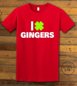 This is the main graphic design on a red shirt for the St Patricks Day Shirts: I Love Gingers