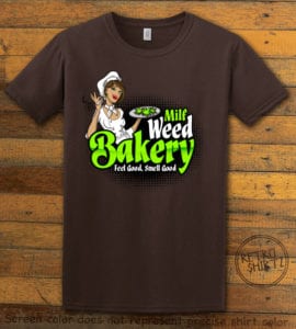 This is the main graphic design on a brown shirt for the Weed Shirt: Milf Weed Bakery