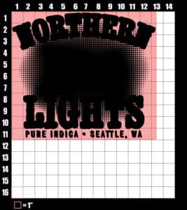 These are the graphic design dimensions for the Weed Shirt: Northern Lights Indica