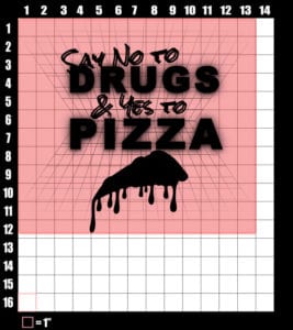 These are the graphic design dimensions for the Weed Shirt: Pizza Not Drugs