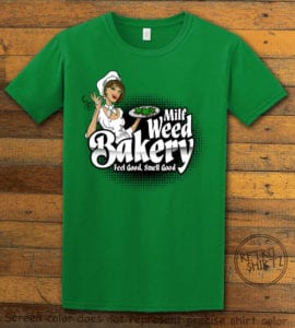 This is the main graphic design on a green shirt for the Weed Shirt: Milf Weed Bakery