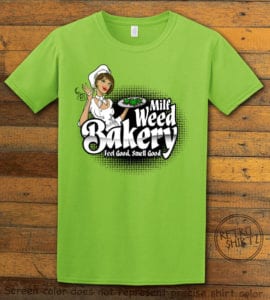 This is the main graphic design on a lime shirt for the Weed Shirt: Milf Weed Bakery