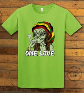 This is the main graphic design on a lime shirt for the Weed Shirt: Rasta Alien