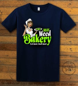 This is the main graphic design on a navy shirt for the Weed Shirt: Milf Weed Bakery