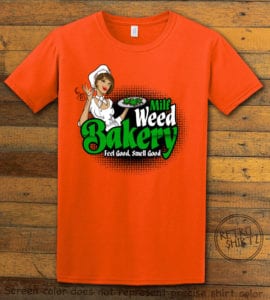 This is the main graphic design on a orange shirt for the Weed Shirt: Milf Weed Bakery