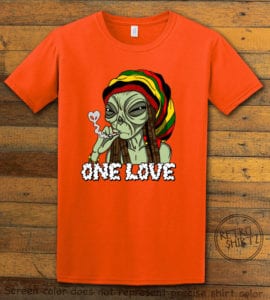 This is the main graphic design on a orange shirt for the Weed Shirt: Rasta Alien