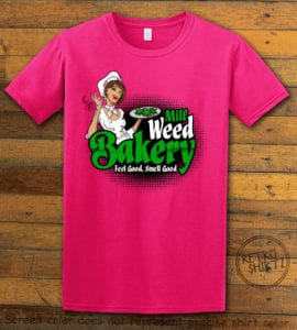 This is the main graphic design on a pink shirt for the Weed Shirt: Milf Weed Bakery