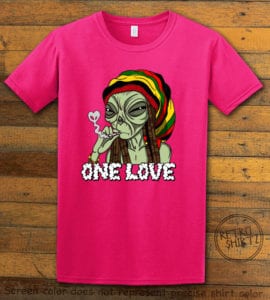 This is the main graphic design on a pink shirt for the Weed Shirt: Rasta Alien
