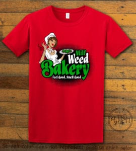 This is the main graphic design on a red shirt for the Weed Shirt: Milf Weed Bakery