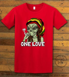 This is the main graphic design on a red shirt for the Weed Shirt: Rasta Alien