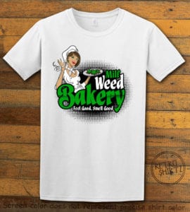 This is the main graphic design on a white shirt for the Weed Shirt: Milf Weed Bakery