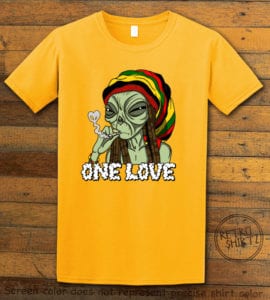 This is the main graphic design on a yellow shirt for the Weed Shirt: Rasta Alien