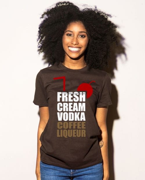 Fresh Cream Vodka Coffee Liqueur Graphic T-Shirt - brown shirt design on a model