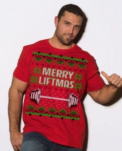 Merry Liftmas Graphic T-Shirt - red shirt design on a model