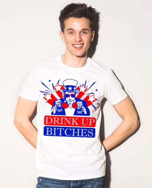 Drink Up Bitches Graphic T-Shirt - white shirt design on a model