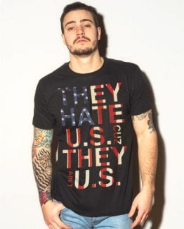 They Hate Us Cuz They Ain't Us Patriotic Graphic T-Shirt - black shirt design on a model