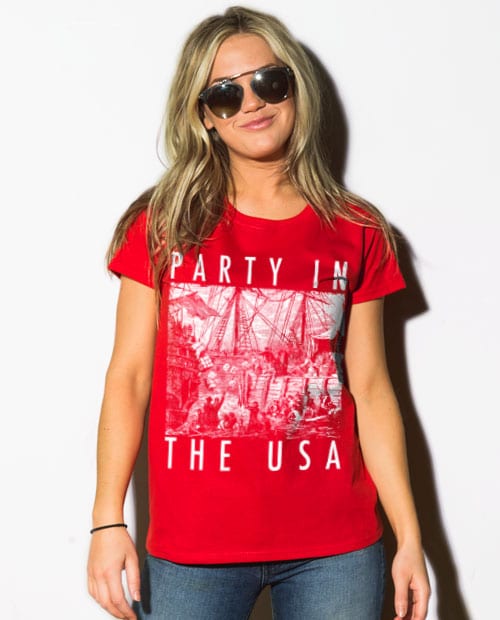 Party in the USA Graphic T-Shirt - red shirt design on a model