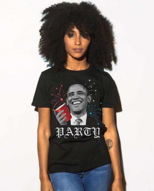 Party Barack Obama Graphic T-Shirt - black shirt design on a model