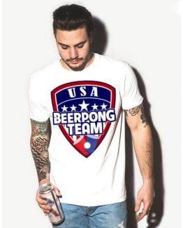 USA Beer Pong Team Graphic T-Shirt - white shirt design on a model