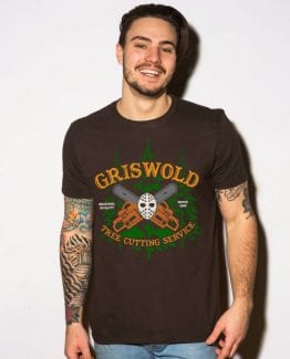 Griswold Tree Cutting Service Graphic T-Shirt - brown shirt design on a model