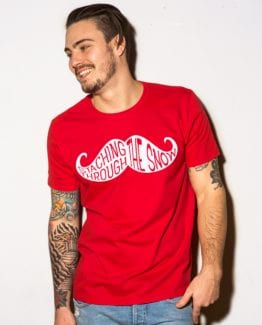 Staching Through The Snow Graphic T-Shirt - red shirt design on a model