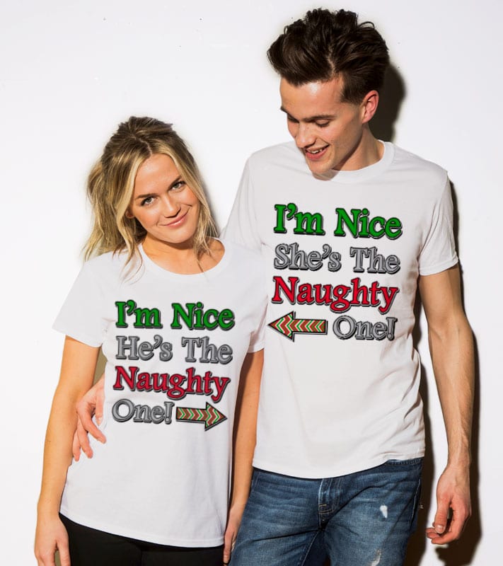 I’m Nice He’s the Naughty One! Graphic T-Shirt - white shirt design on a model