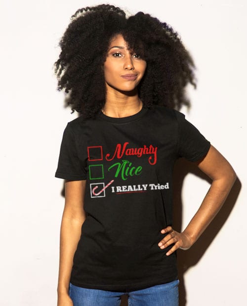 I Really Tried Naughty or Nice Checklist Graphic T-Shirt - black shirt design on a model