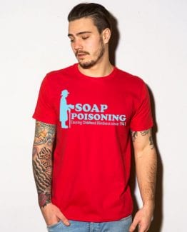 Soap Poisoning Graphic T-Shirt - red shirt design on a model