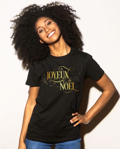 Joyeux Noel Graphic T-Shirt - black shirt design on a model