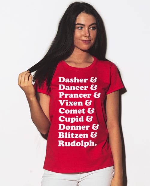 Nine Reindeer Graphic T-Shirt - red shirt design on a model