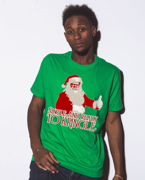 Single and Ready to Kringle Graphic T-Shirt - green shirt design on a model