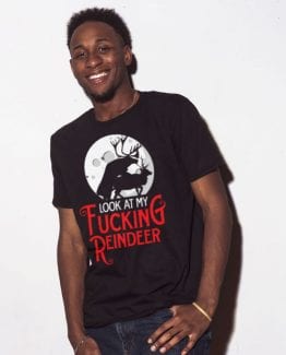 Look at My Fucking Reindeer - Graphic T-Shirt - black shirt design on a model