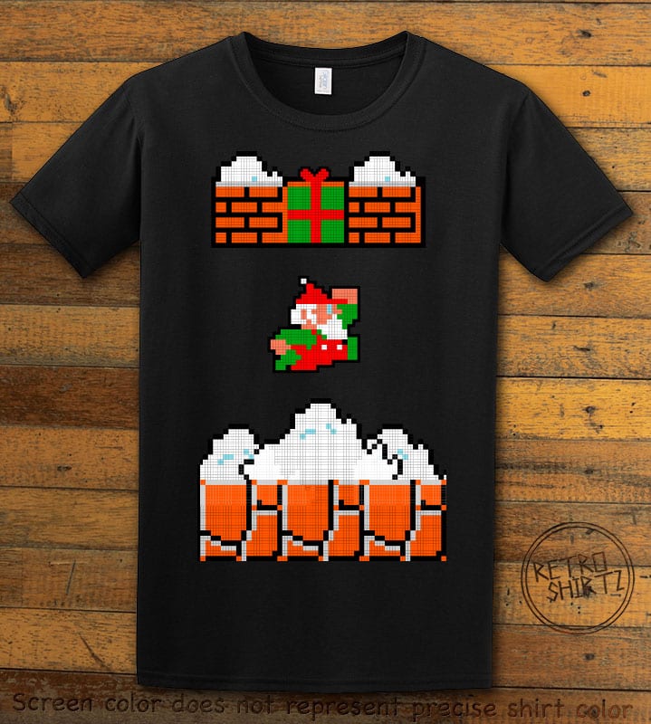 Mario Santa Punching Bricks Graphic T-Shirt - black shirt design