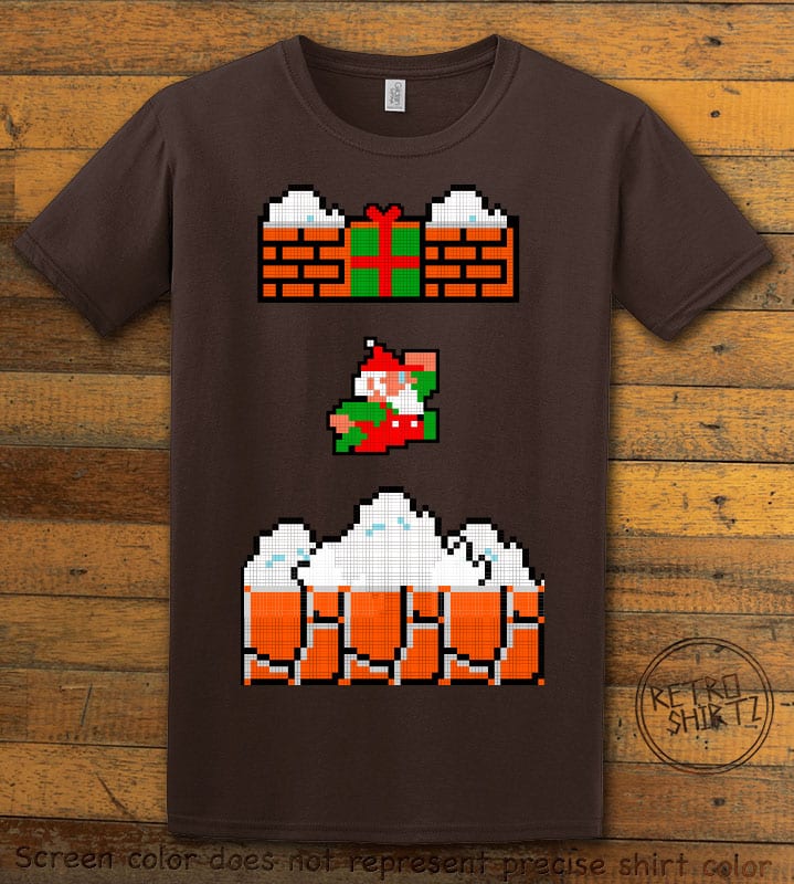 Mario Santa Punching Bricks Graphic T-Shirt - brown shirt design