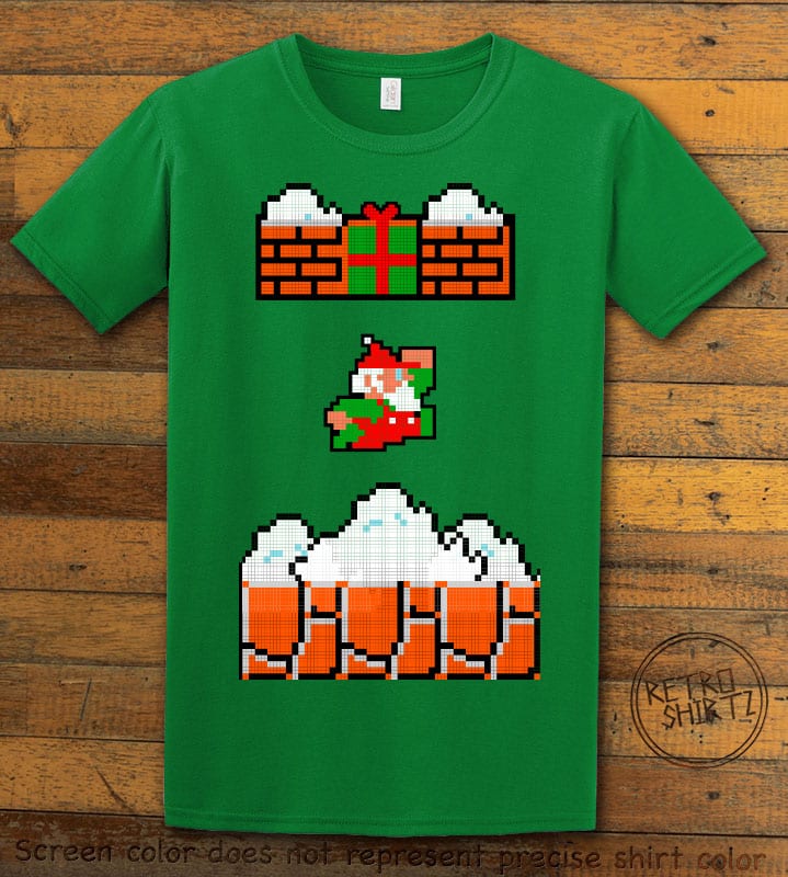Mario Santa Punching Bricks Graphic T-Shirt - green shirt design