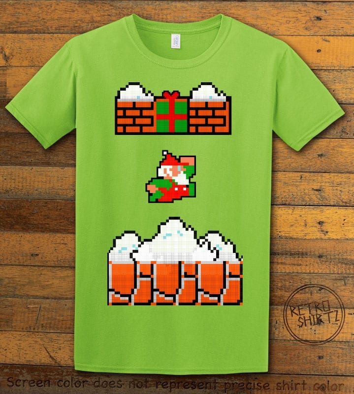 Mario Santa Punching Bricks Graphic T-Shirt - lime shirt design