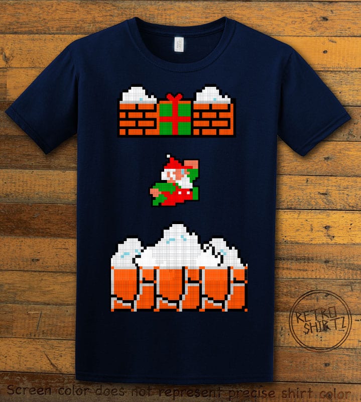 Mario Santa Punching Bricks Graphic T-Shirt - navy shirt design