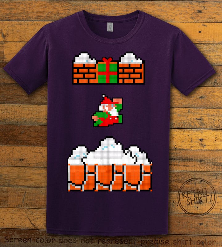 Mario Santa Punching Bricks Graphic T-Shirt - purple shirt design