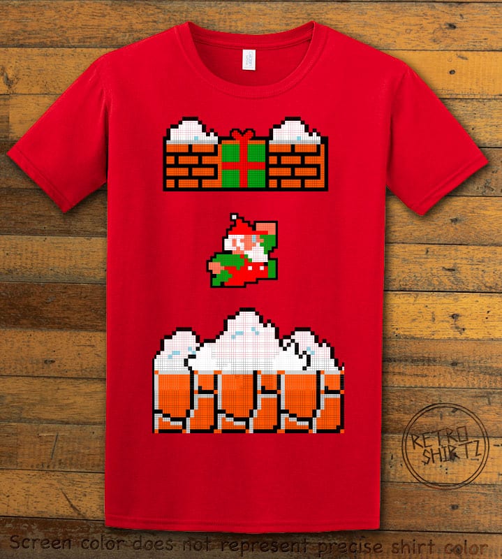 Mario Santa Punching Bricks Graphic T-Shirt - red shirt design