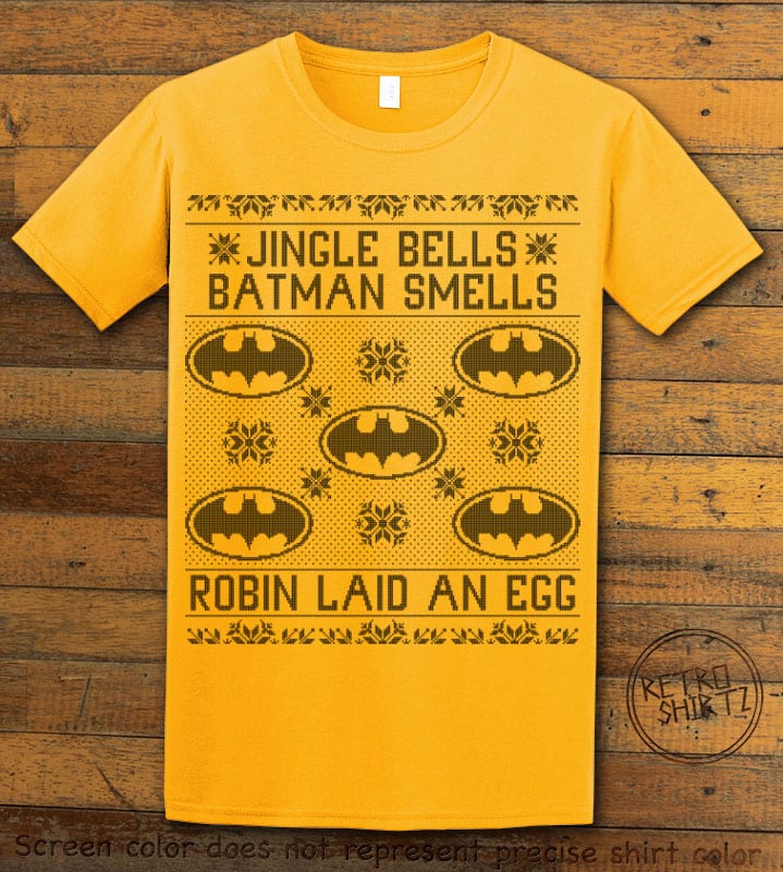Jingle Bells Batman Smells Robin Laid An Egg Graphic T-Shirt - yellow shirt design