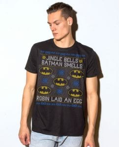 Jingle Bells Batman Smells Robin Laid An Egg Graphic T-Shirt - black shirt design on a model