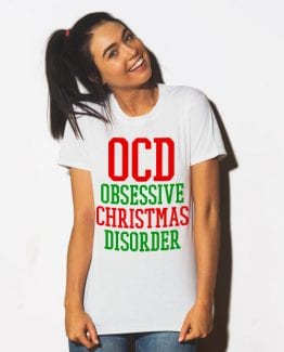 Obsessive Christmas Disorder Graphic T-Shirt - white shirt design on a model