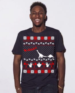 Dinosaur Ugly Christmas Sweater Graphic T-Shirt - navy shirt design on a model